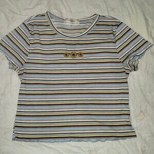 No Comment striped shirt with sunflowers and ruffled edges